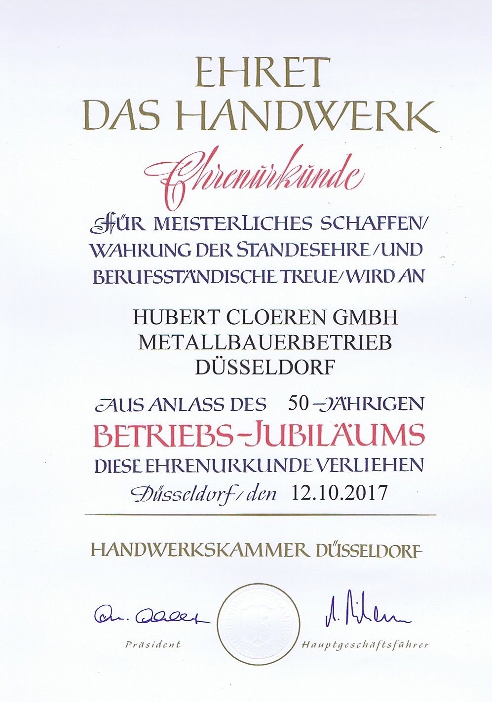Ehrenurkunde Cloeren Stahl- und Maschinenbau GmbH, HWK Düsseldorf