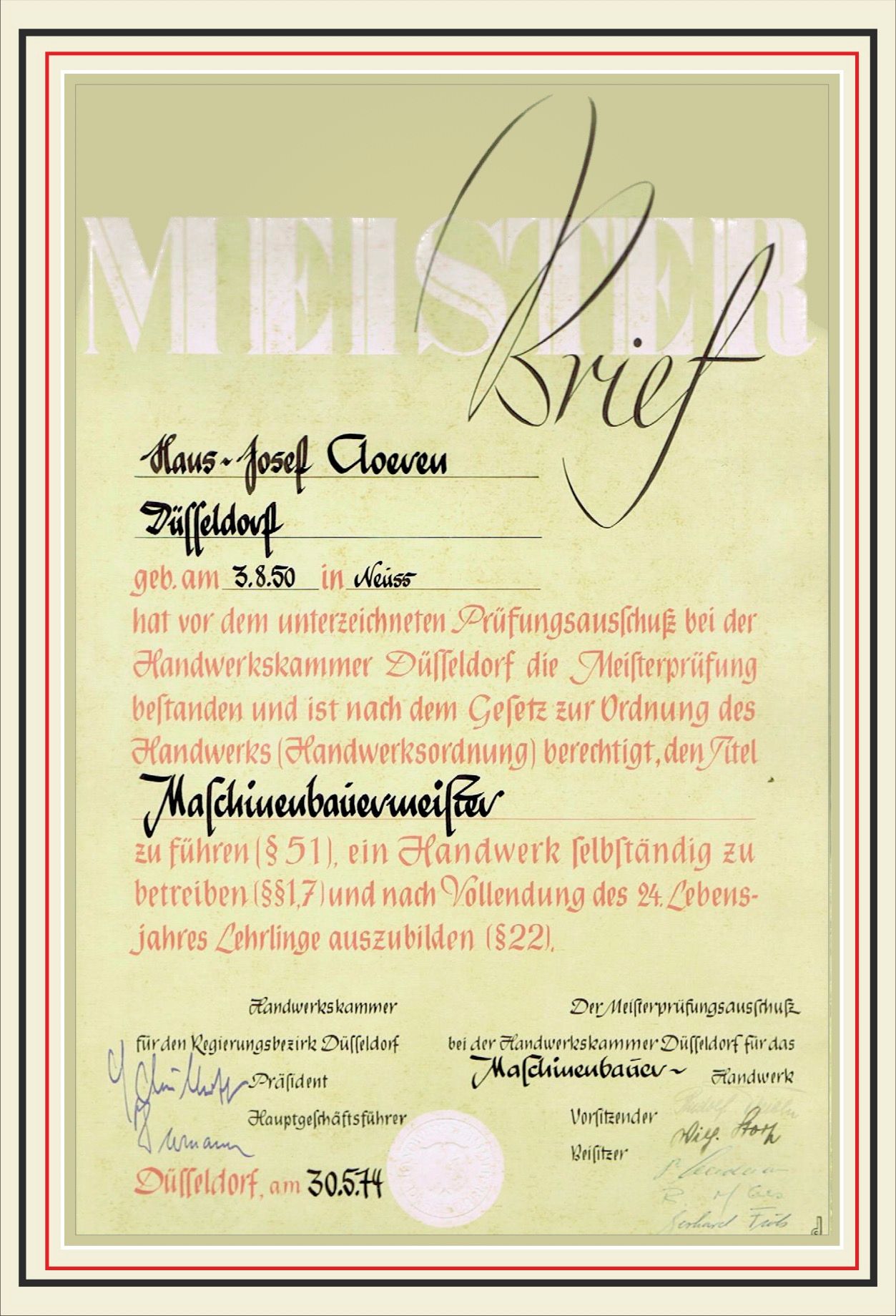 Meisterbrief Hans-Josef Cloeren, Maschinenbauermeister