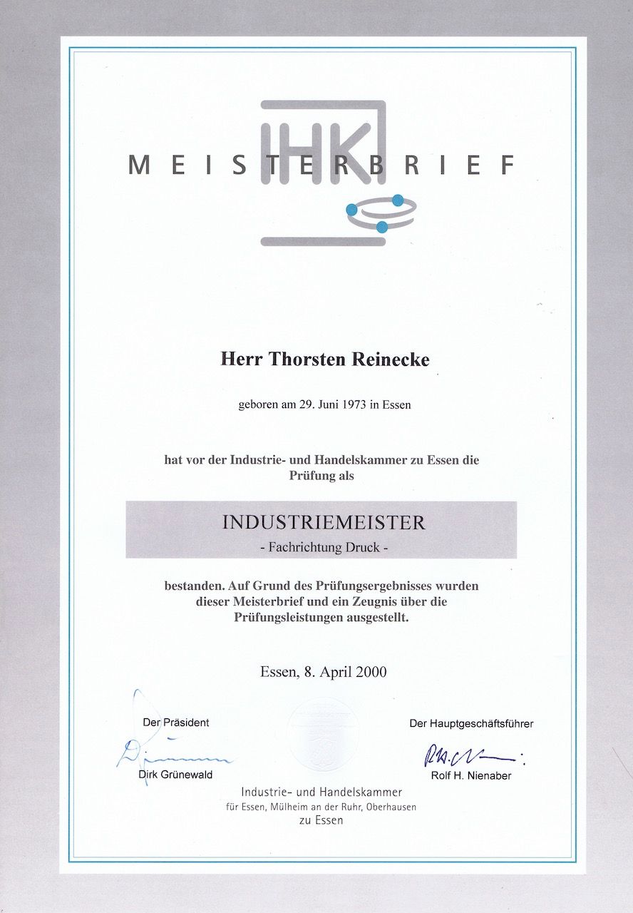 Meisterbrief Thorsten Reinecke, Industriemeister