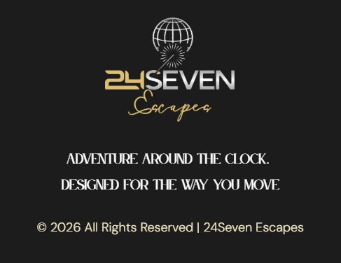 24Seven Escapes logo on black background with tagline, “Adventure around the clock. Designed for the way you move.”
