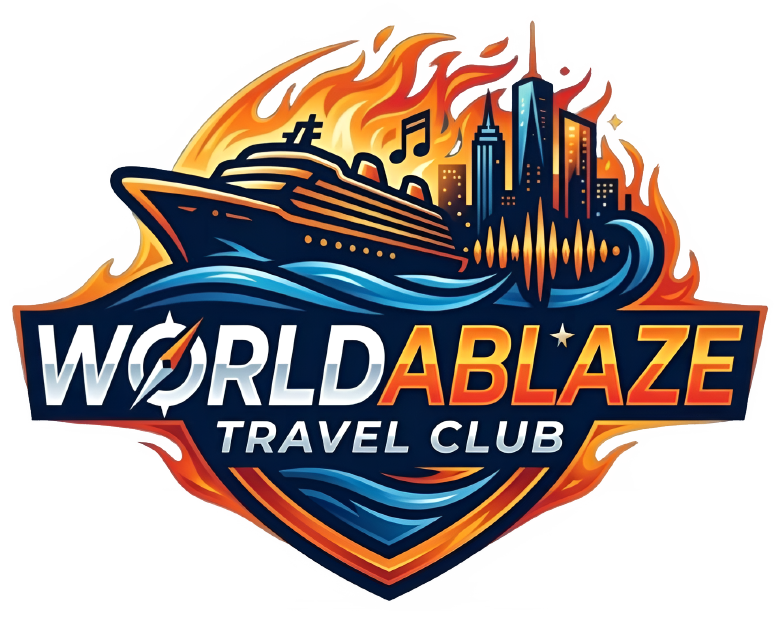 World Ablaze Travel Club logo with cruise ship, skyline, music notes, and orange-blue flame design