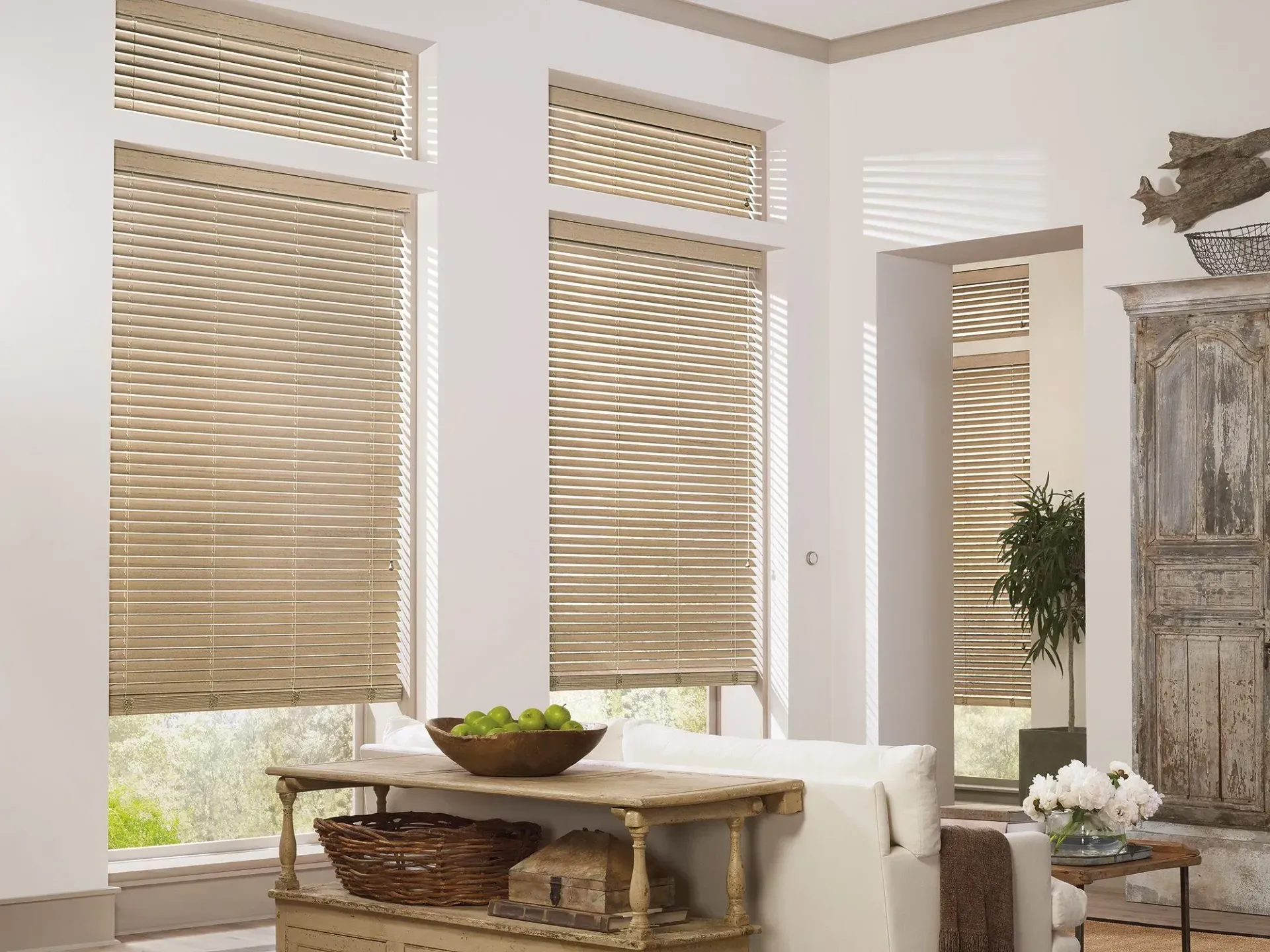 Bright living room with woven blinds, a rustic table, and a potted plant by a mirror