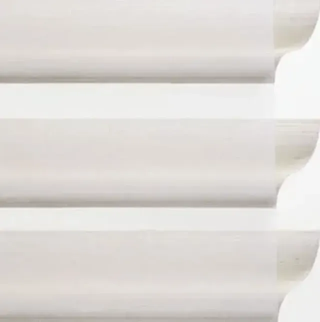White horizontal window blinds with three slats visible, slightly open at the right edge