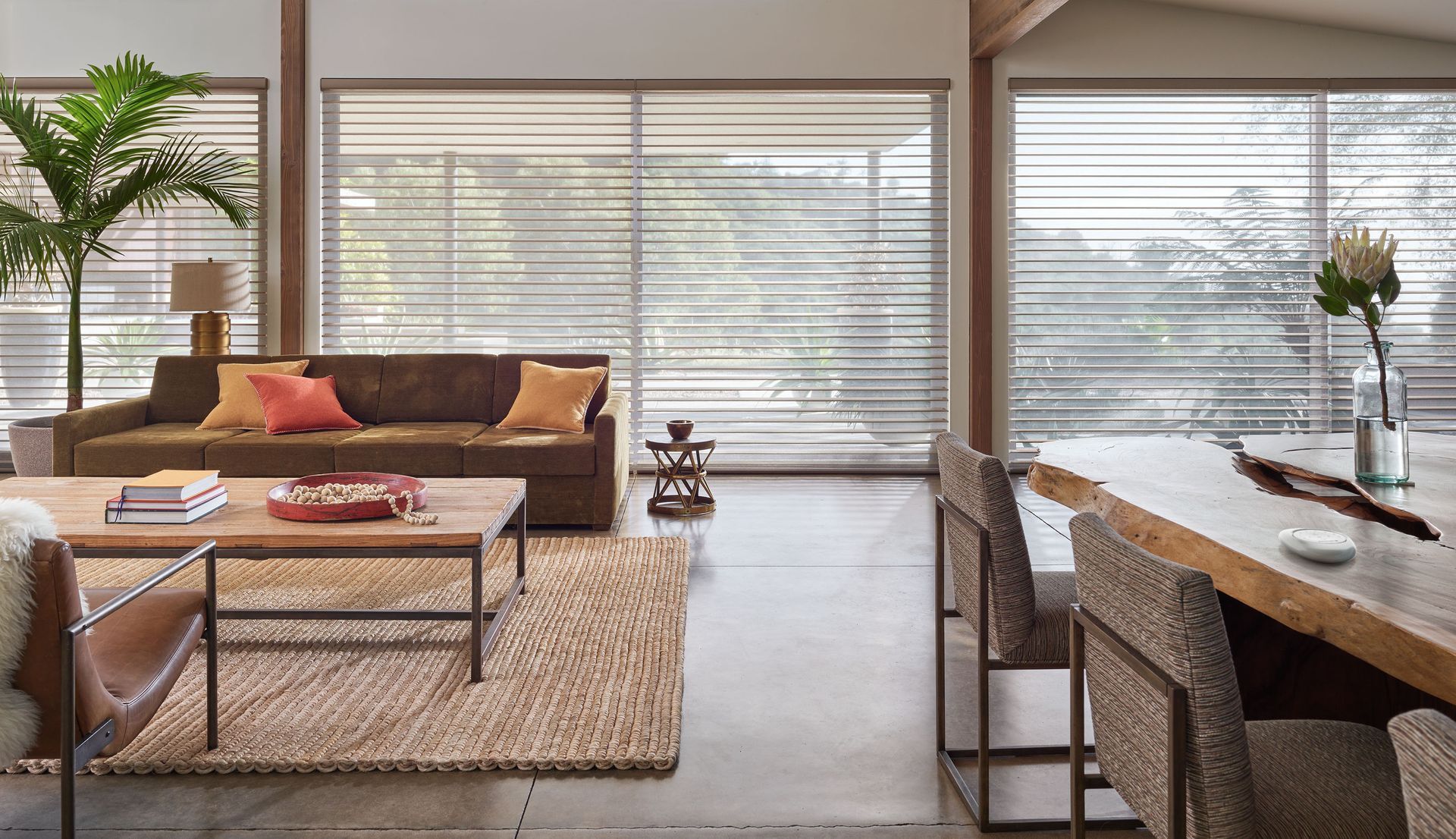 Modern living room with tan sofa, woven rug, large windows, and a dining table by the window