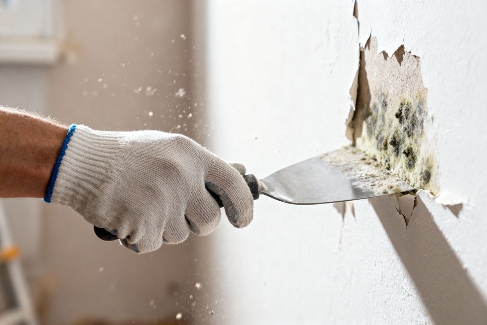 Hand scraping mold off a wall with a putty knife; protective glove is worn.