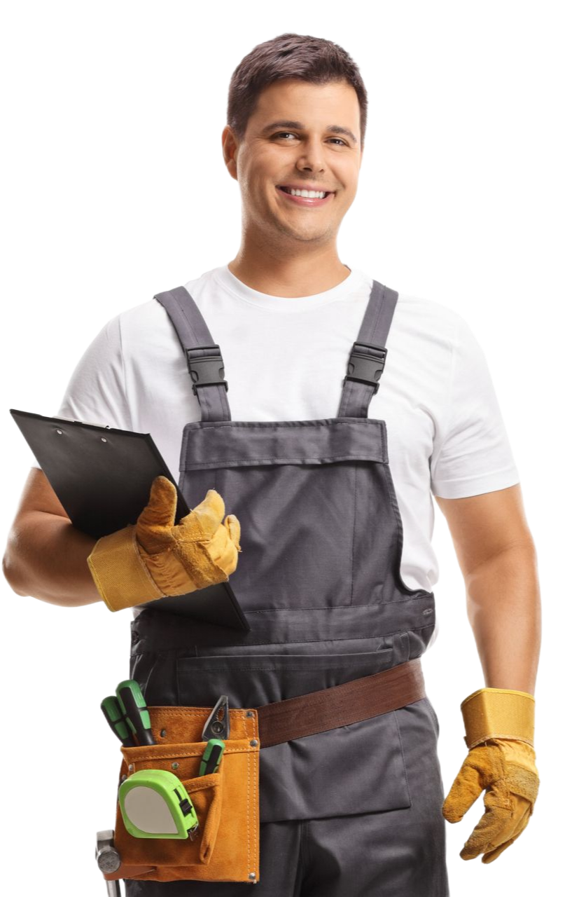 Man in gray overalls with tool belt holding clipboard, smiling.