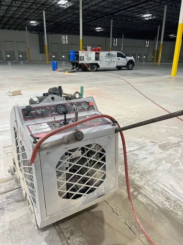 A floor cleaning machine sits on a warehouse floor with a service truck parked in the background.