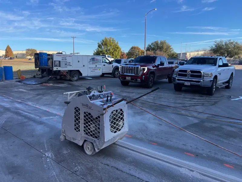 A concrete saw rests on a parking lot surface, with a work truck and two pickup trucks parked in the background.