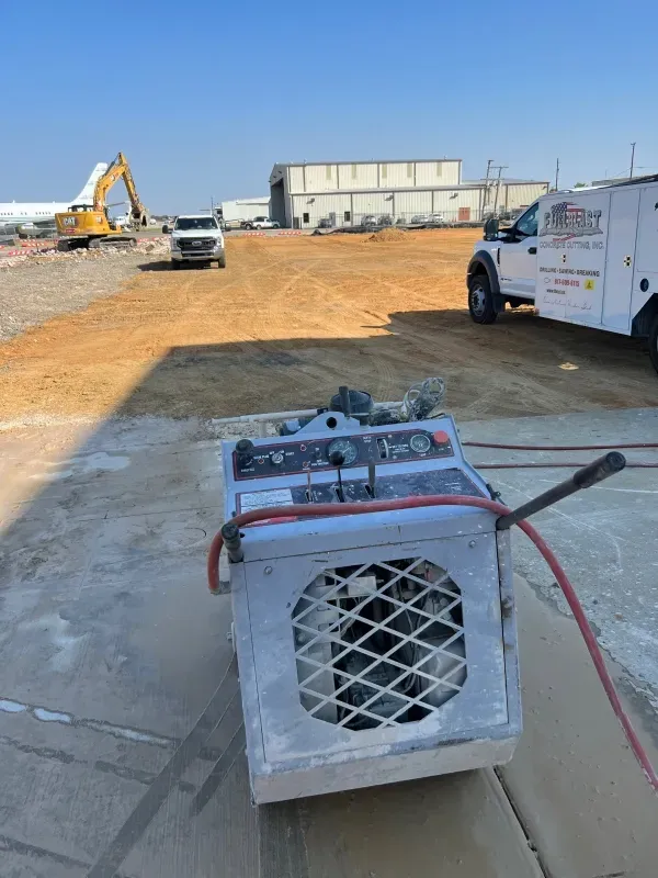 A gray industrial concrete saw in the foreground of a construction site with vehicles and a building in the background.