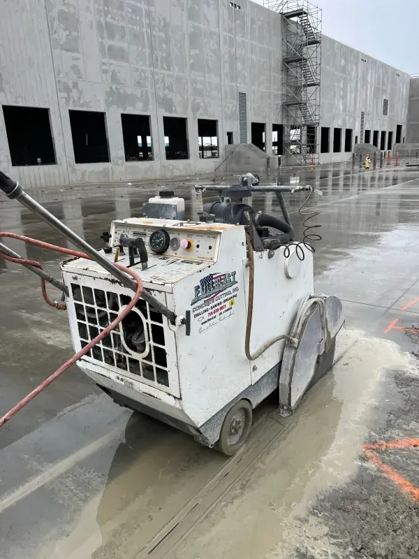 A white concrete saw sits on a wet construction site in front of an unfinished large industrial building.