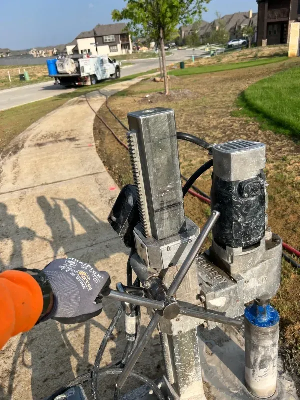 A person operates a core drill mounted on a stand to cut a hole in a concrete sidewalk on a suburban street.
