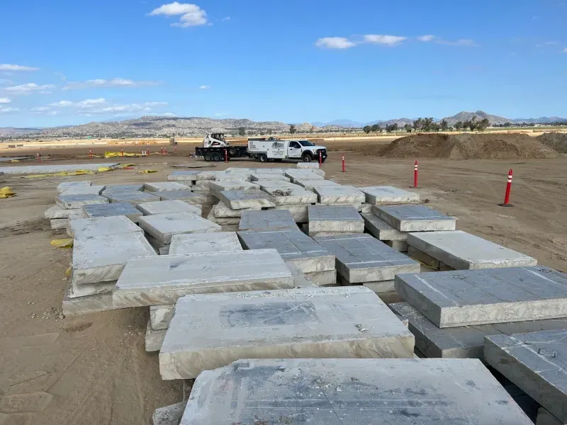 Numerous concrete slabs stacked on a dirt construction site under a blue sky, with a work truck visible in the distance.