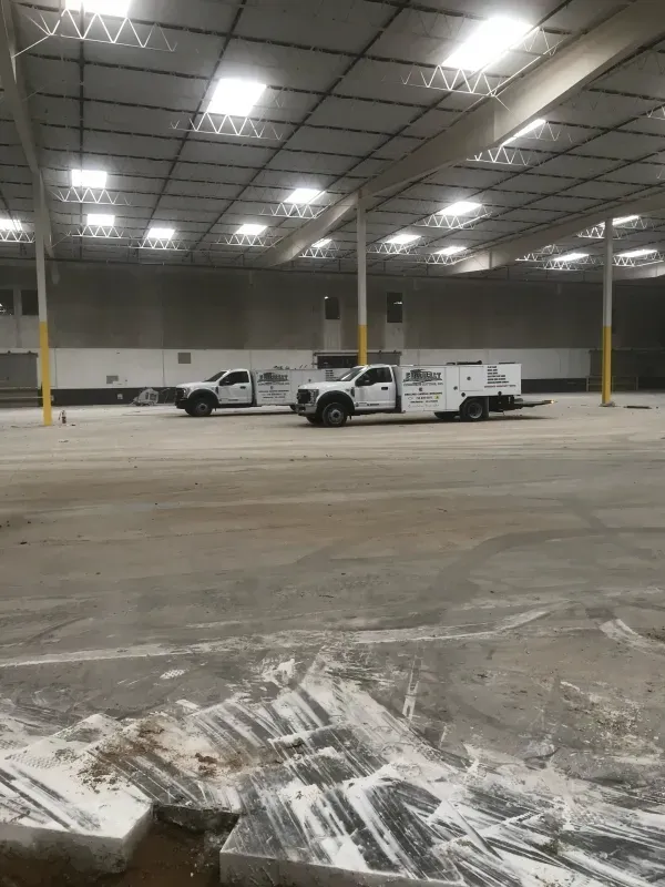 Two white service trucks parked in a large, empty warehouse with concrete floors and high ceilings.