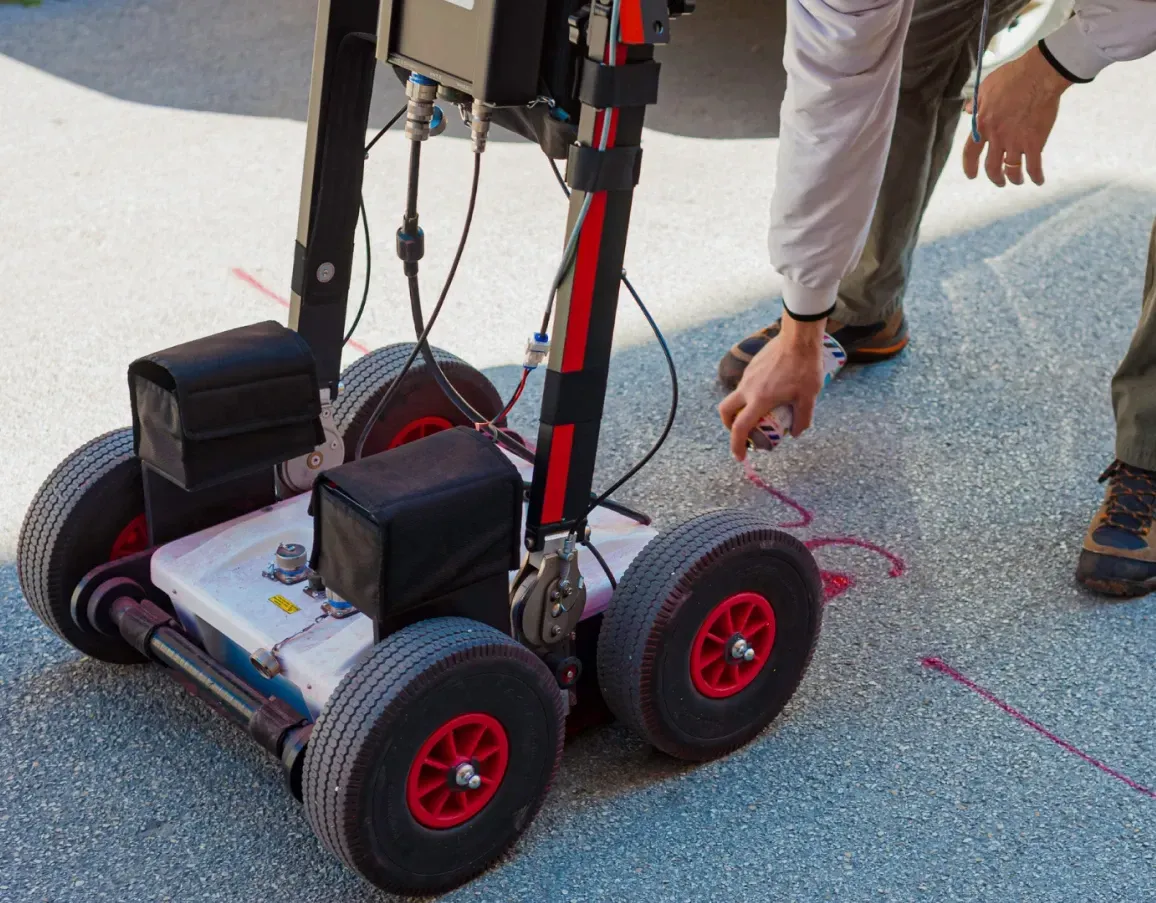 A person operates a ground-penetrating radar cart on pavement while marking the ground with red spray paint.