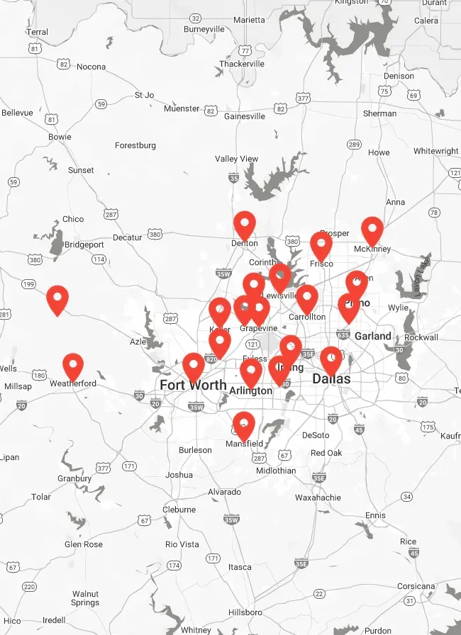 A map of the Dallas-Fort Worth area marked with numerous red pins indicating multiple locations across the metroplex.