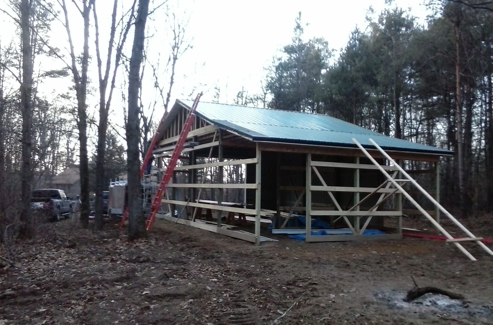 A building is being built in the middle of a forest