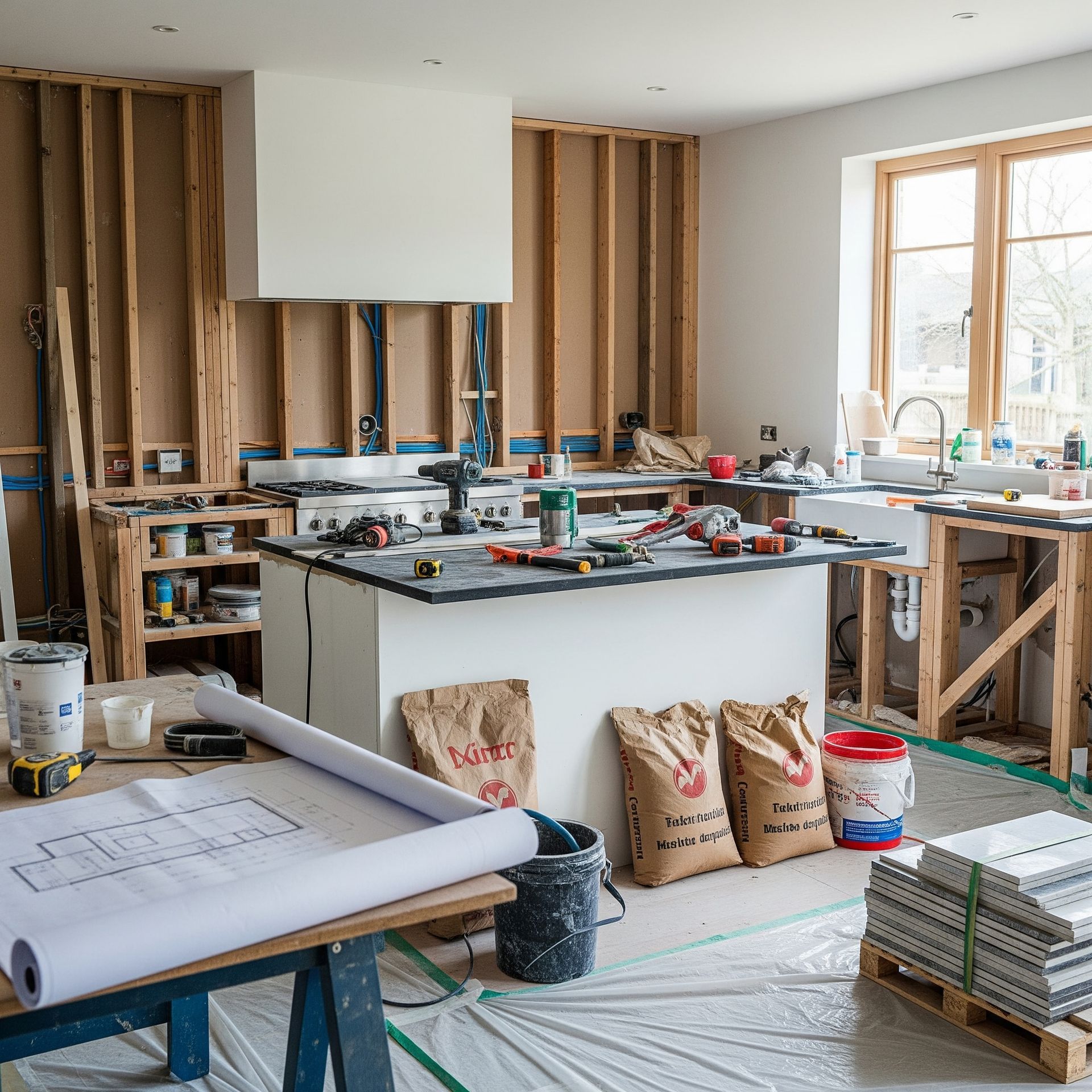 A modern kitchen undergoing a remodeling, with exposed studs, tools, and a new kitchen island.