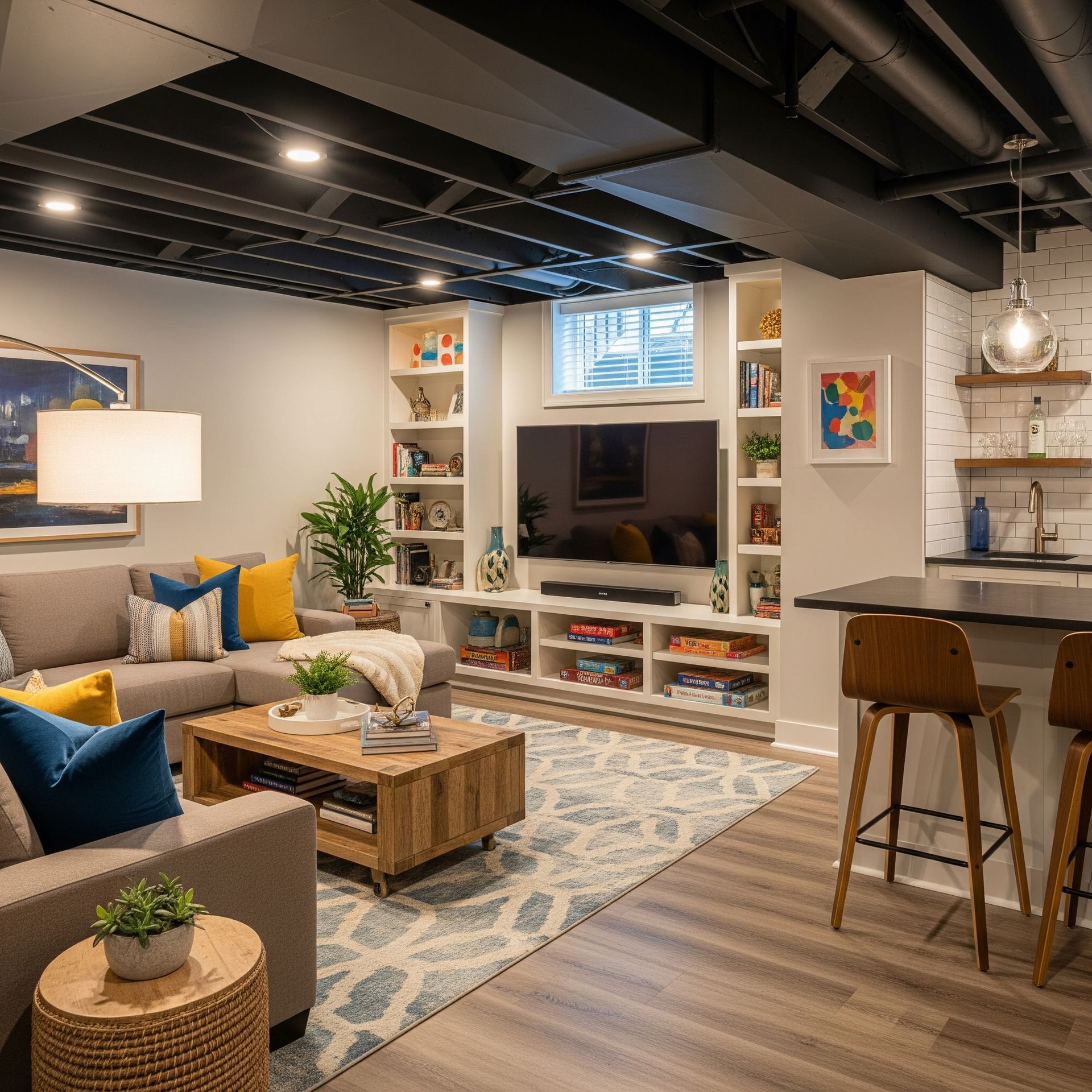 Basement makeover tips featuring a remodeled space with modern décor and cozy seating