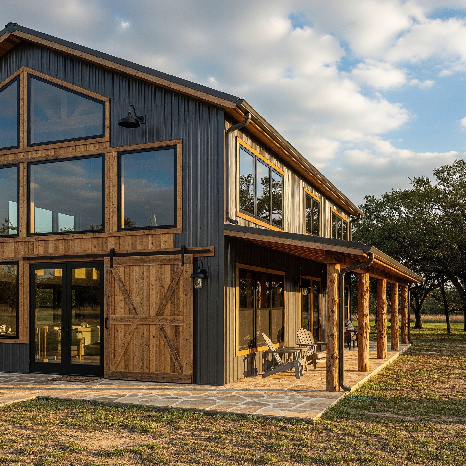 Modern barndominium home with spacious open floor plan and rustic yet elegant exterior design