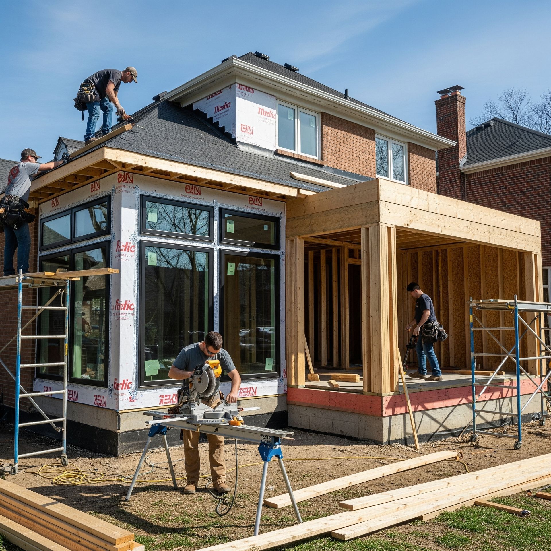 Home addition construction project in progress with workers and building materials.