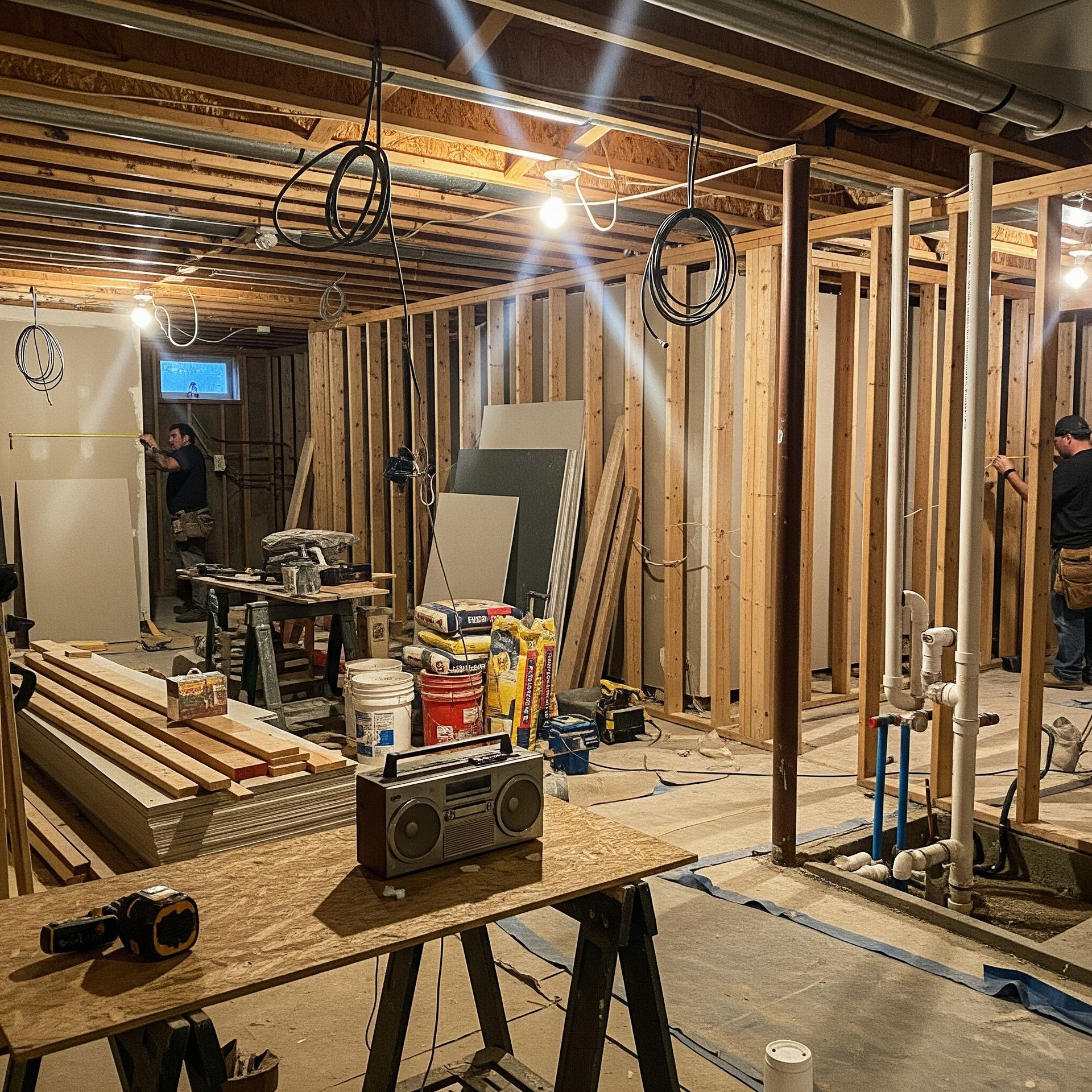 Modern basement renovation with open layout and stylish décor to maximize space and comfort.