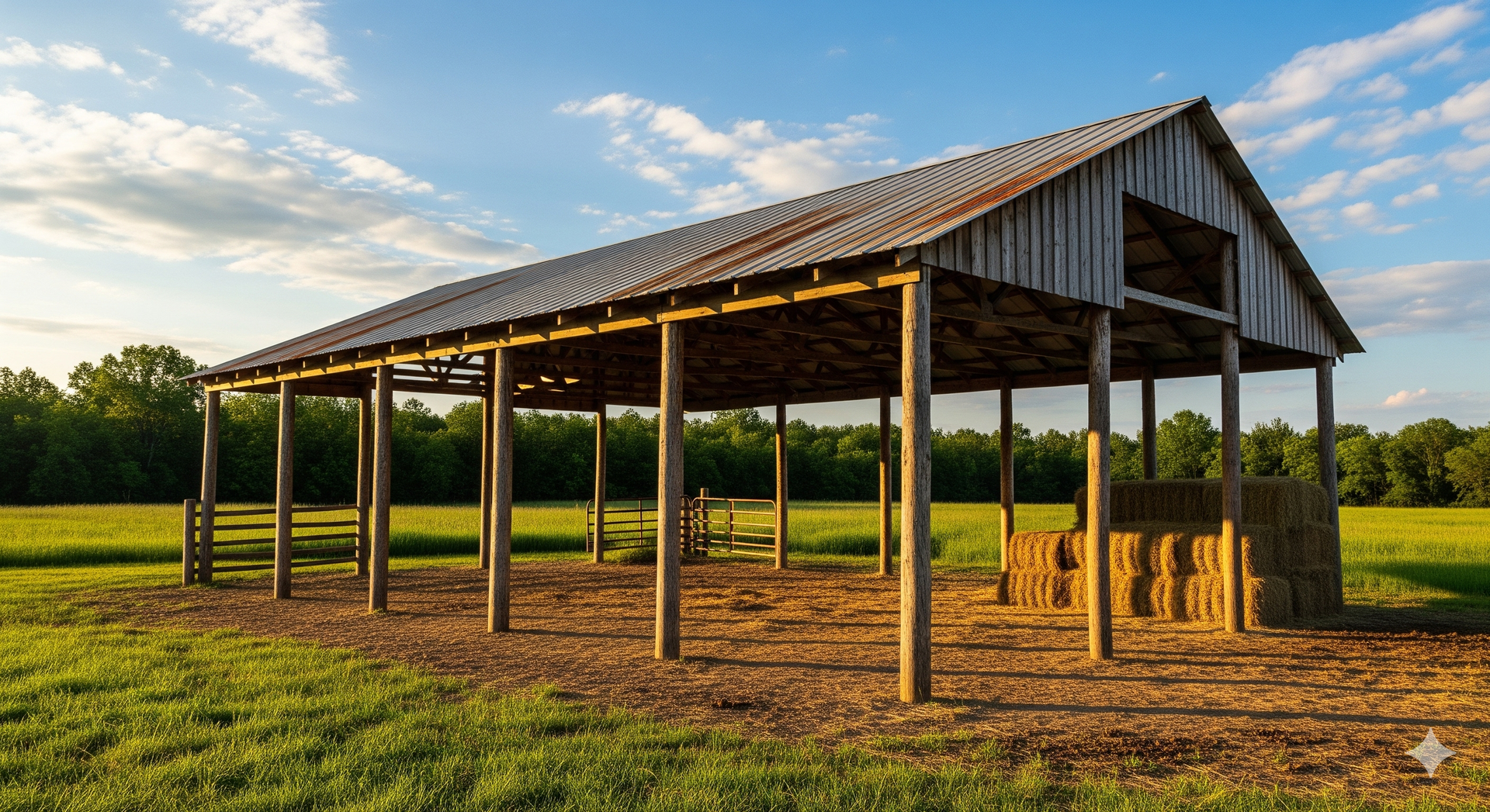 Wooden pole barn under construction on rural Michigan farmland