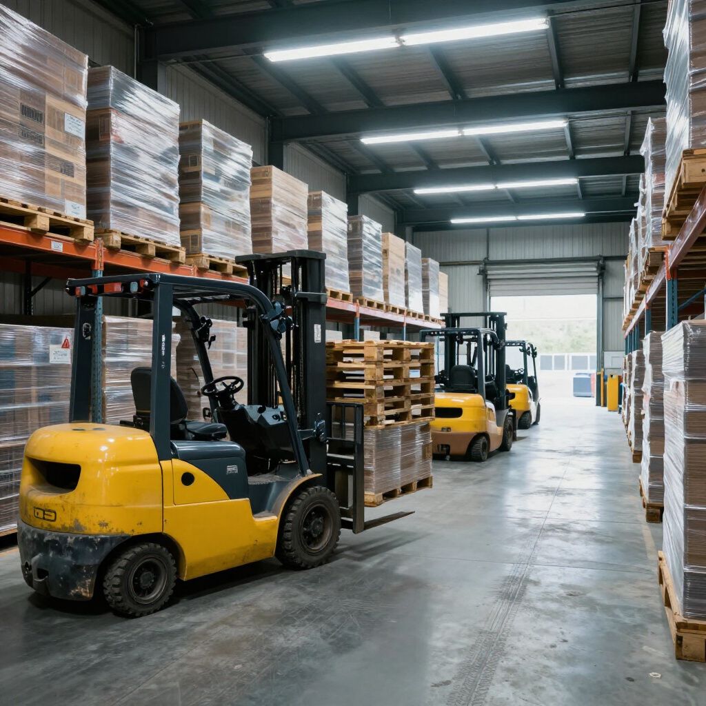 Vorkheftrucks laden en lossen pallets met goederen in een magazijn met hoge stellingen.