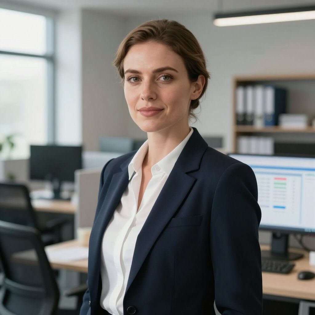 Een vrouw in een donkerblauwe blazer en een witte blouse staat glimlachend in een kantoor.