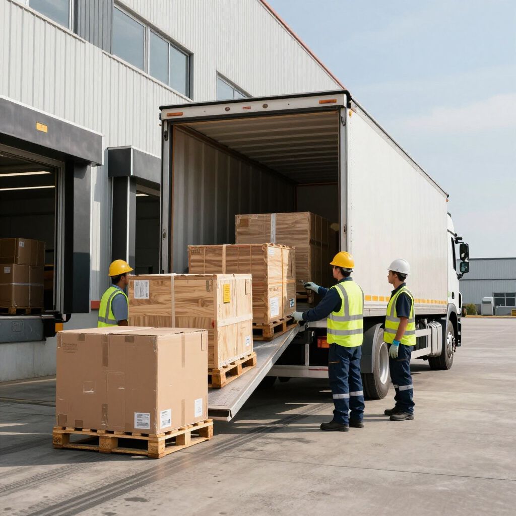 Arbeiders laden kratten in een vrachtwagen op een laadperron, gekleed in veiligheidsvesten en veiligheidshelmen.