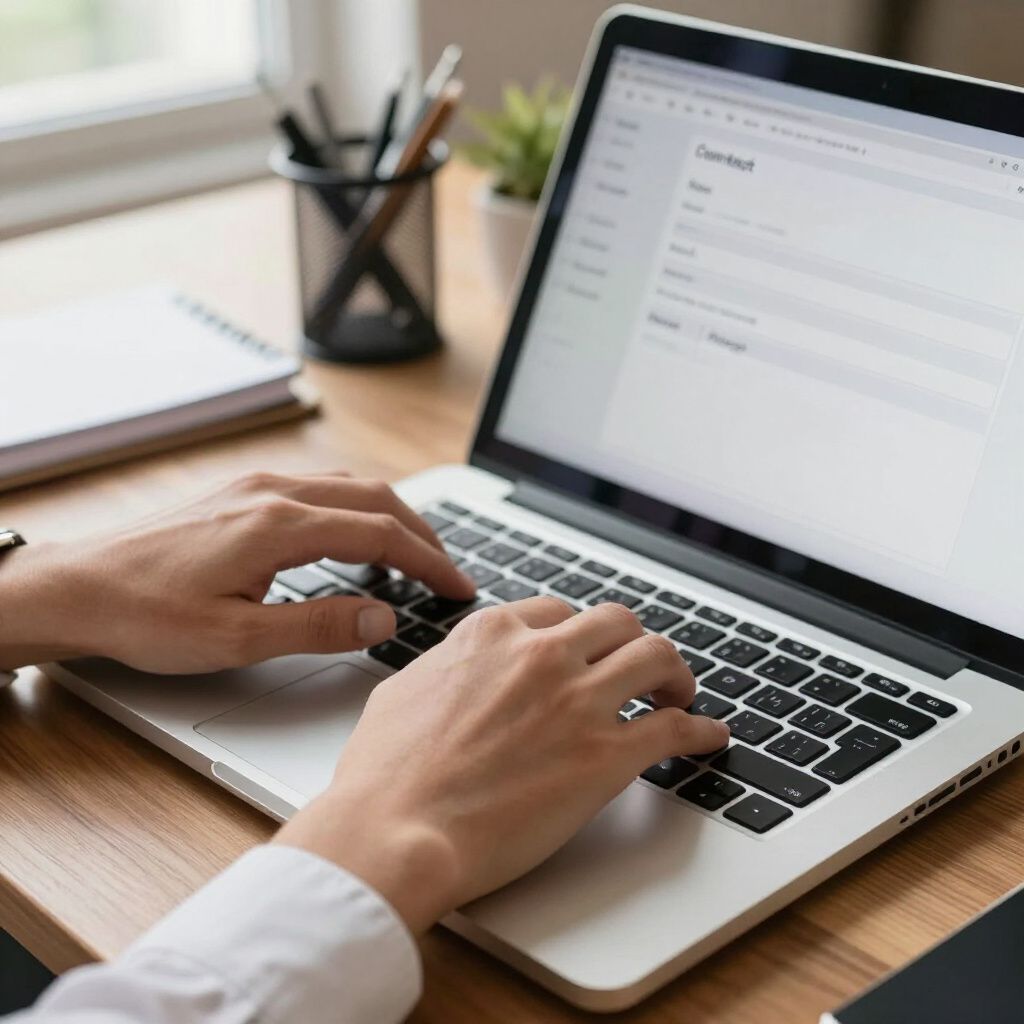 Handen typen op een laptop aan een houten bureau, vlakbij een notitieboekje, potloden en een plant.