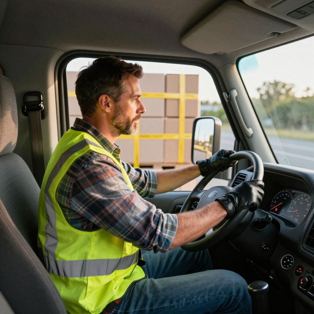 Een chauffeur, gekleed in een veiligheidsvest en handschoenen, bestuurt een bestelbus met een pallet dozen achterin.