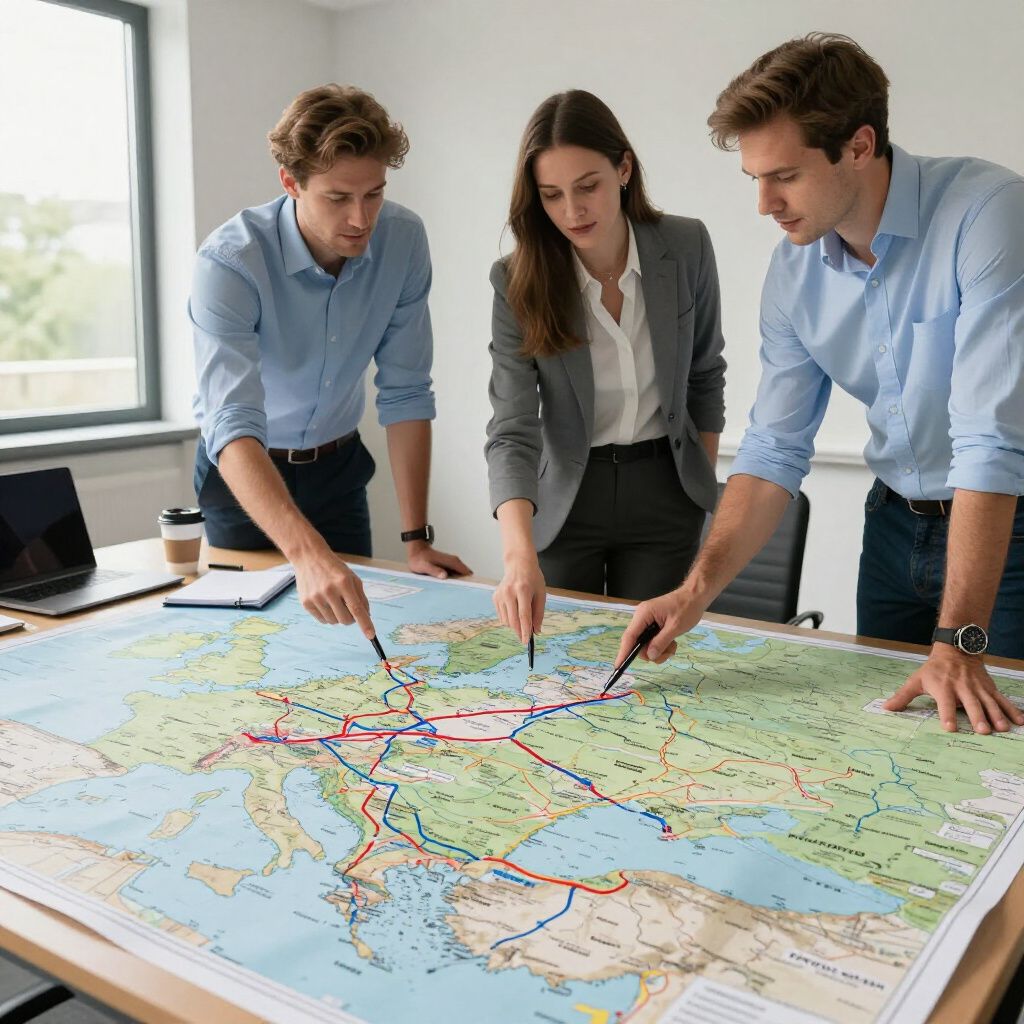 Drie mensen wijzen naar een kaart en bespreken routes en plannen.