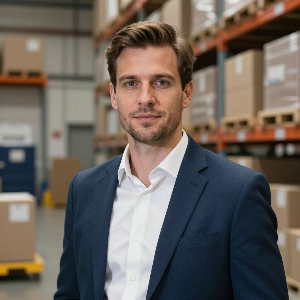 Een man in een pak staat in een magazijn met schappen vol dozen.