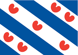 Vlag van Friesland, Nederland: blauwe en witte diagonale strepen met rode hartvormige symbolen.