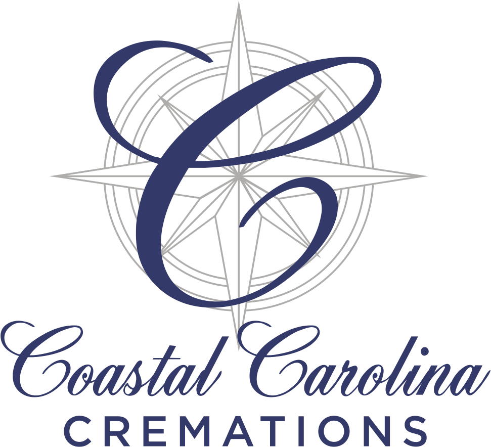 Logo for Coastal Carolina Cremations. Navy blue script over a compass rose with a stylized "C".