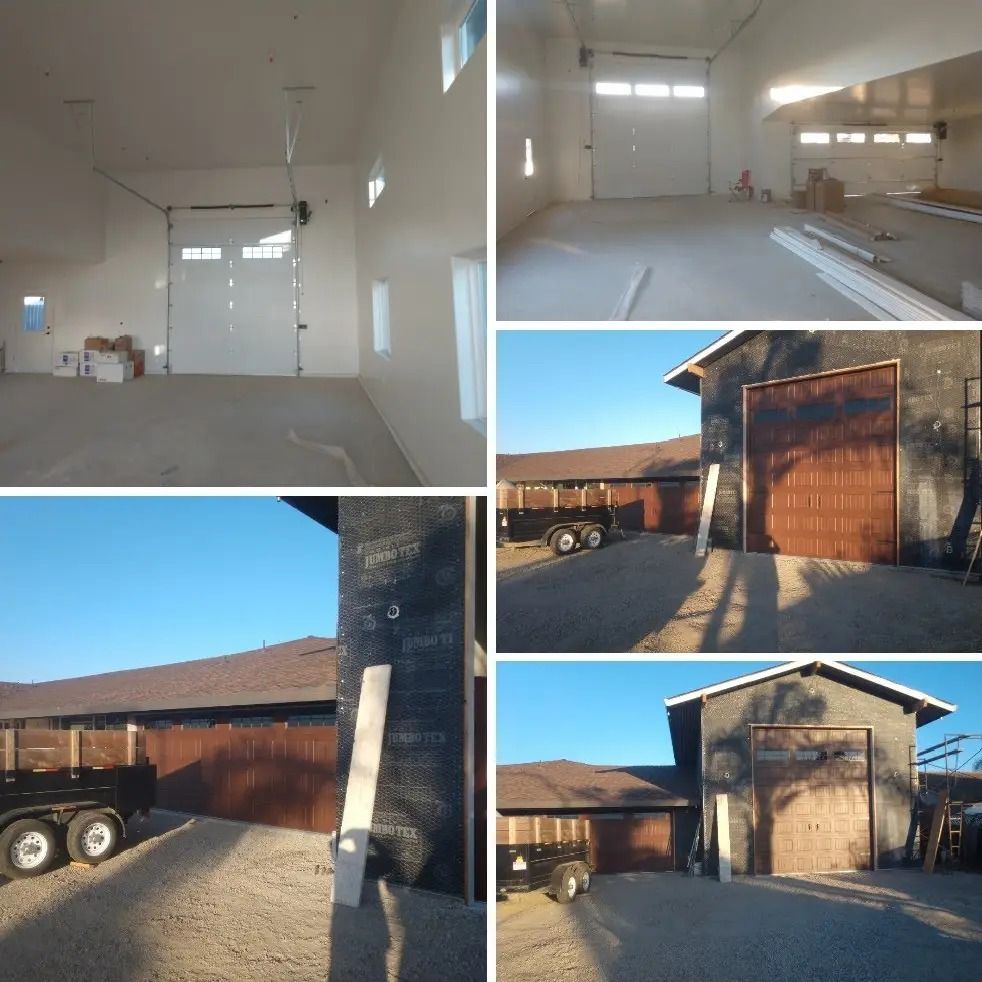 A collage of four pictures of a garage with a truck parked in front of it