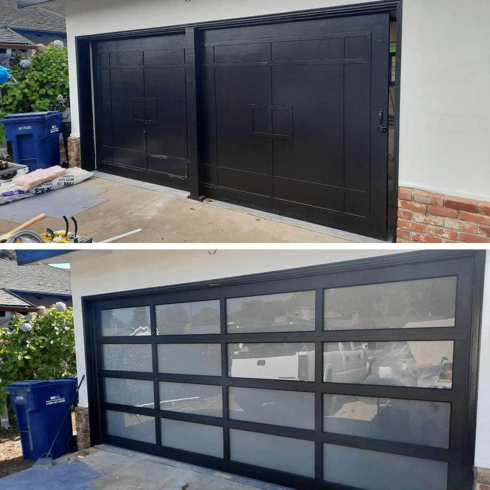 A before and after picture of a garage door being installed.