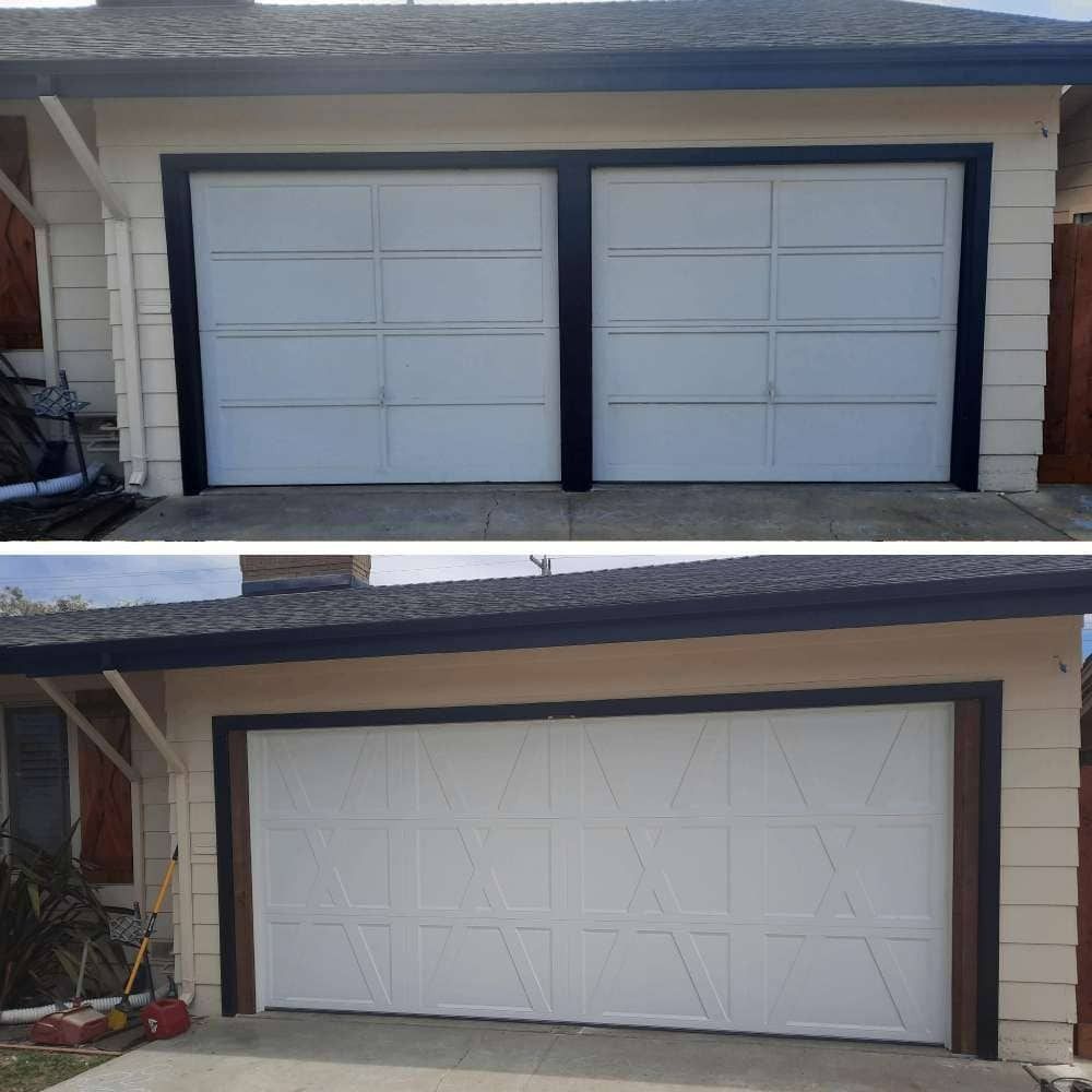 A before and after picture of a garage door being painted white.