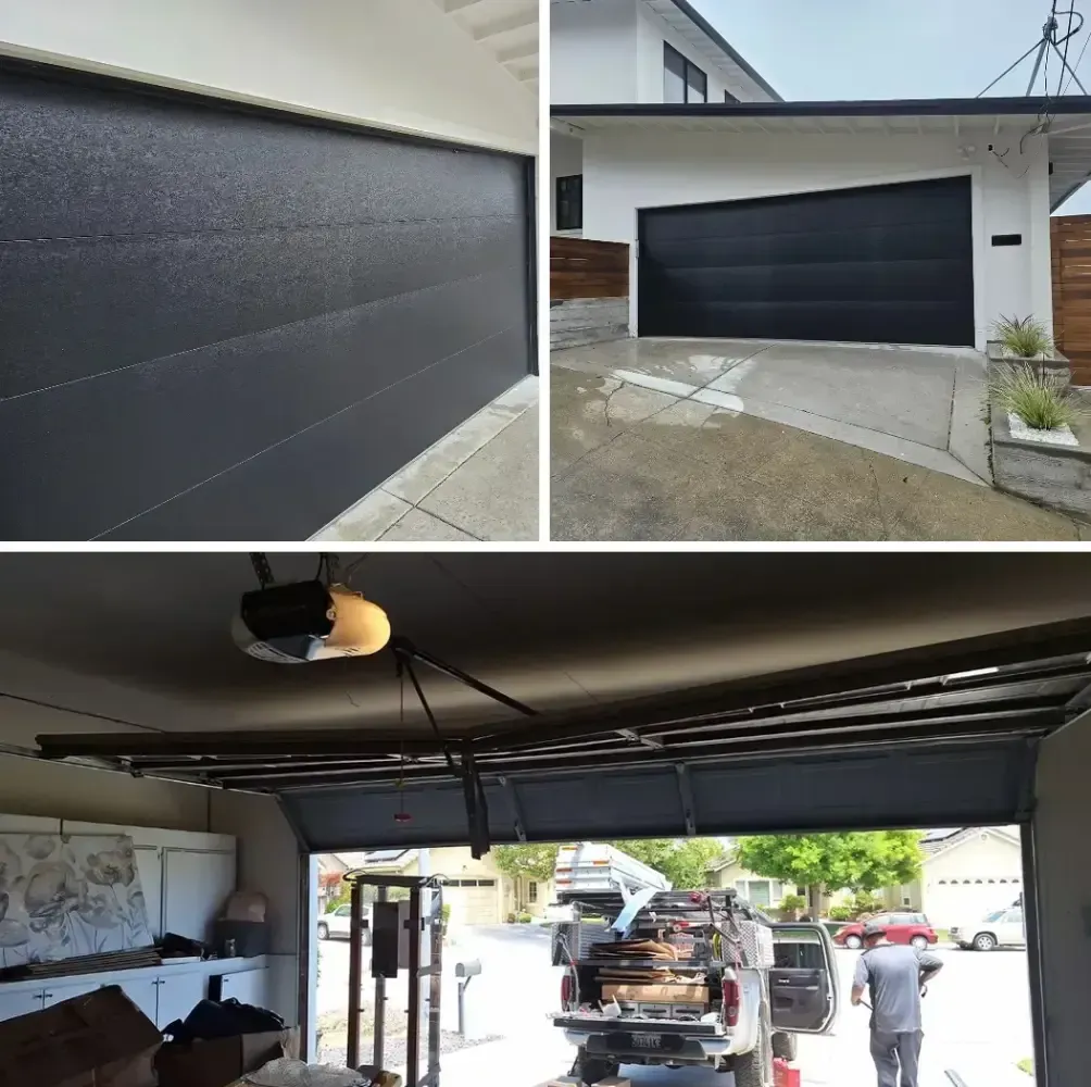 A collage of photos of a black garage door