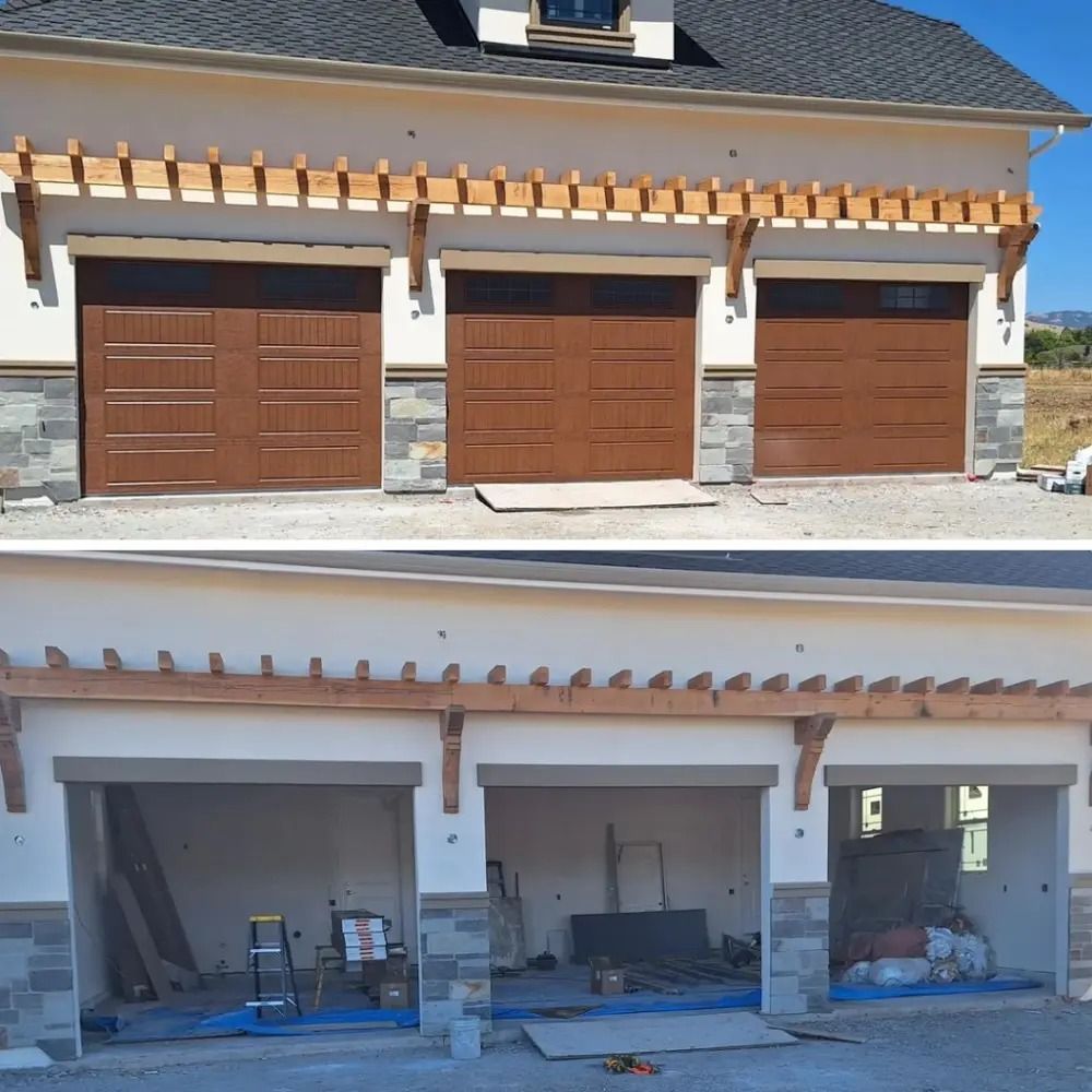 A before and after picture of a garage with wooden doors