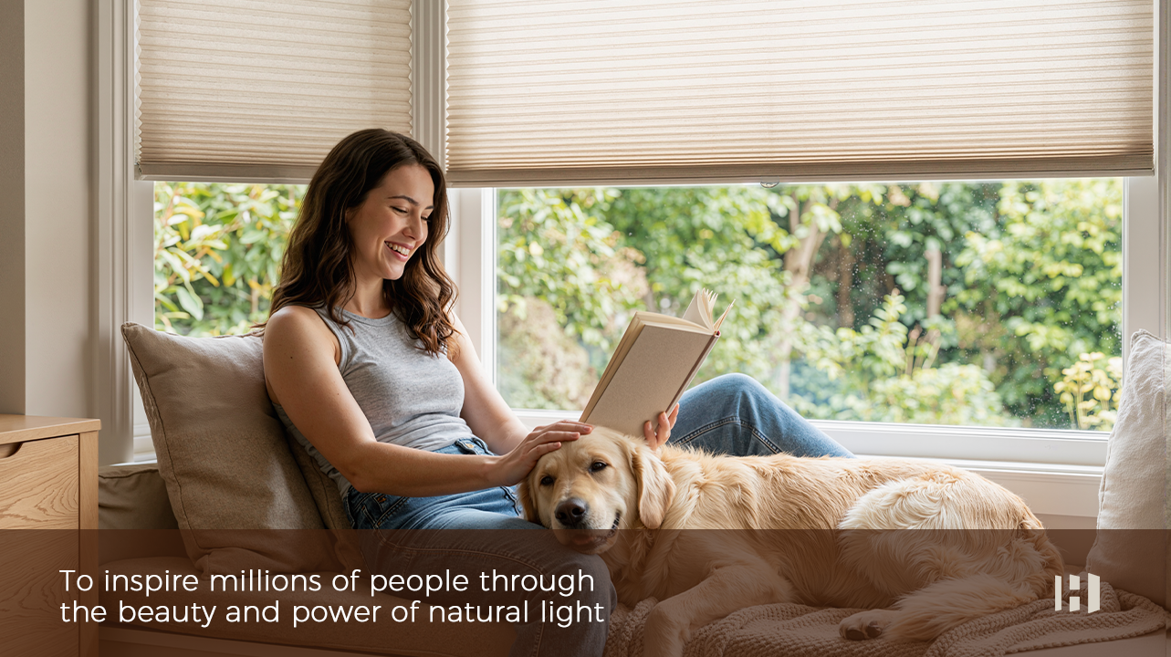 A person sitting by a sunlit window with a dog on their lap while reading, with text at the bottom about natural light.
