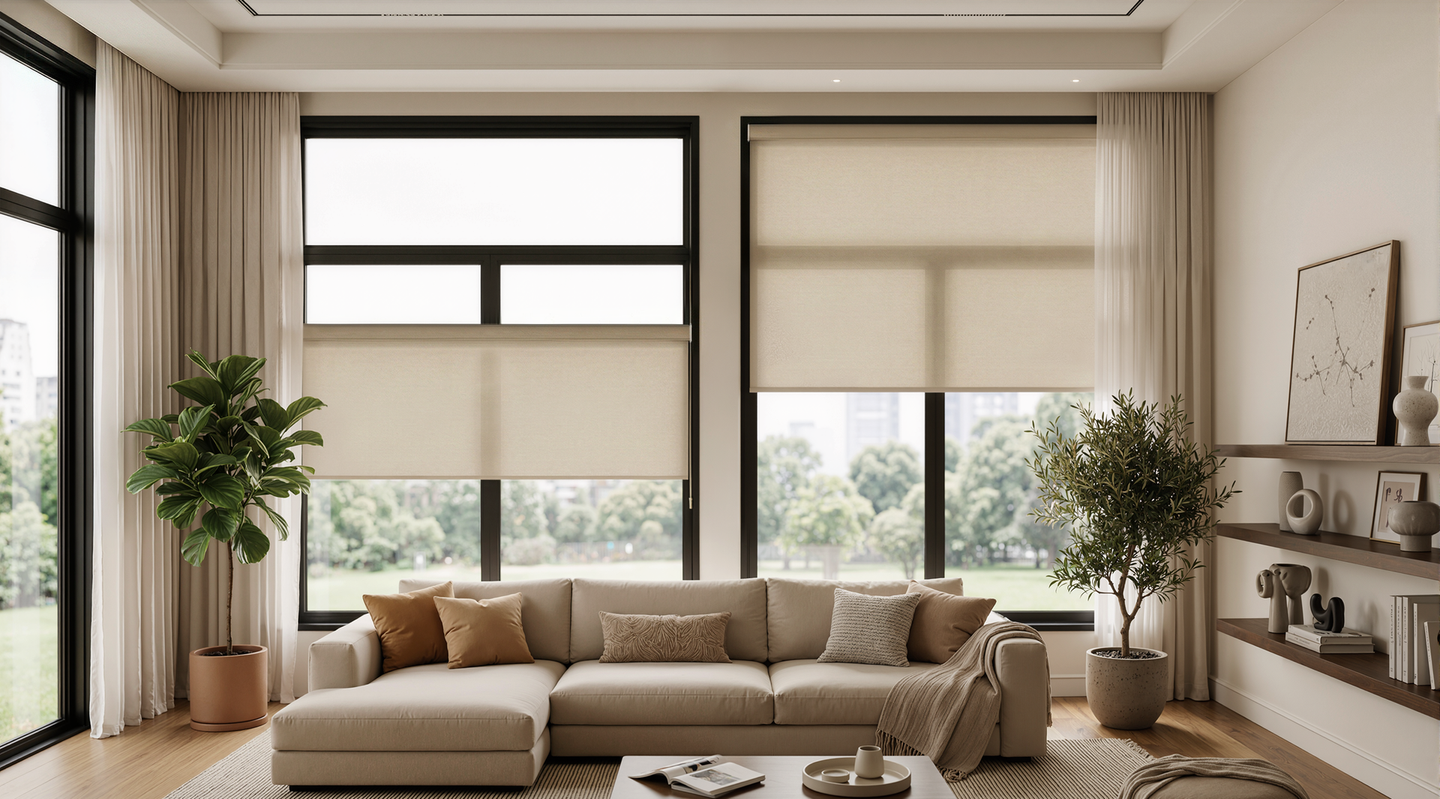 A modern living room with a beige sectional sofa, two potted plants, large windows with roller shades, and wall shelves.