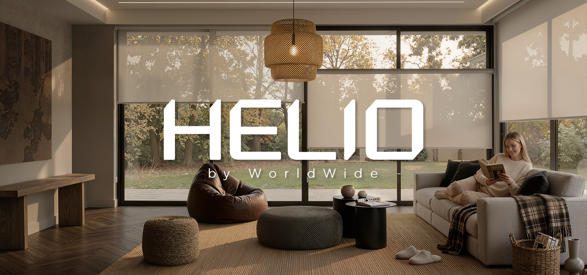 A modern living room with large windows, neutral furniture, and the text 