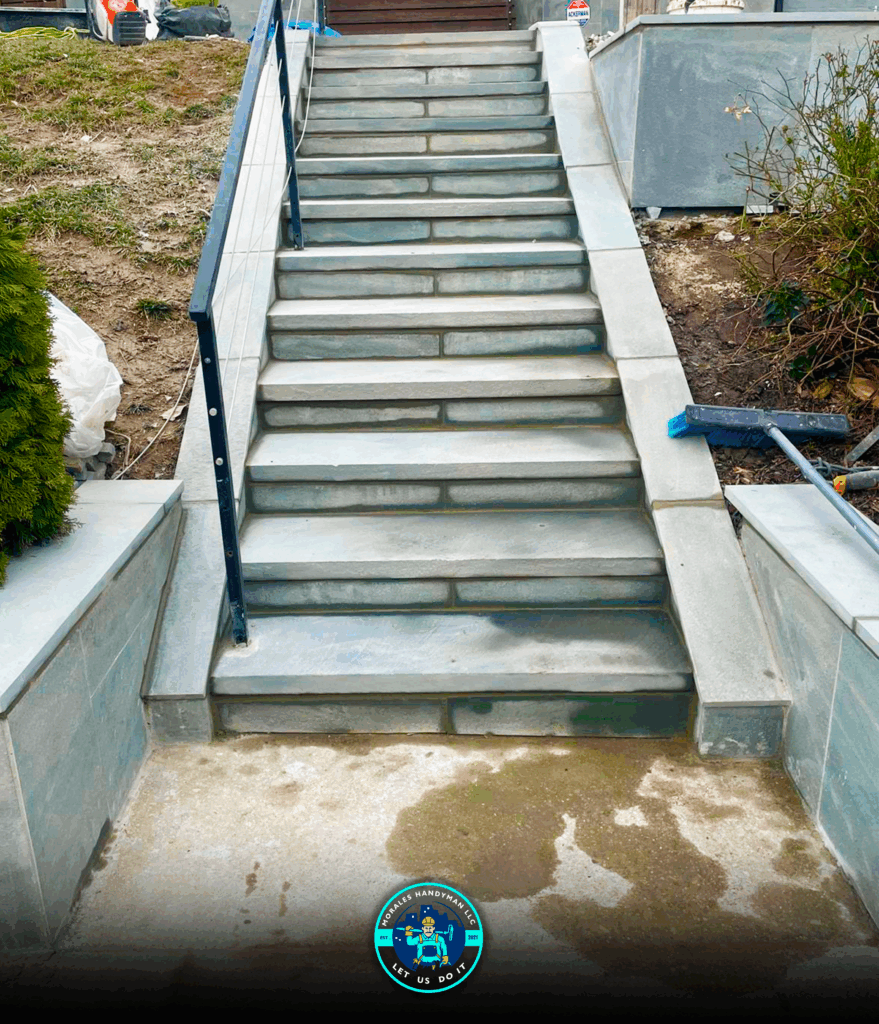 Stone steps leading upwards, with a black handrail on one side. Concrete path at bottom and walls on either side.