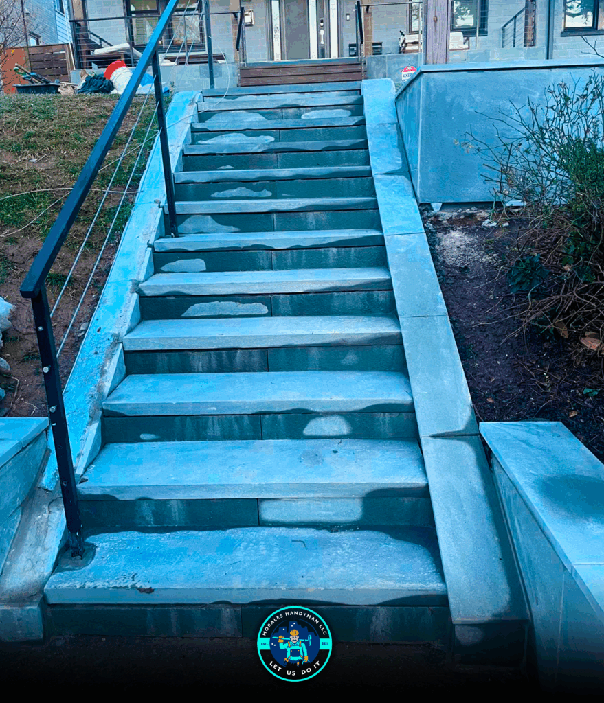 Concrete outdoor steps with a metal handrail lead up to a building entrance.