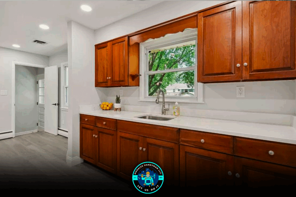 Kitchen with wooden cabinets, white countertops, and a window overlooking greenery.