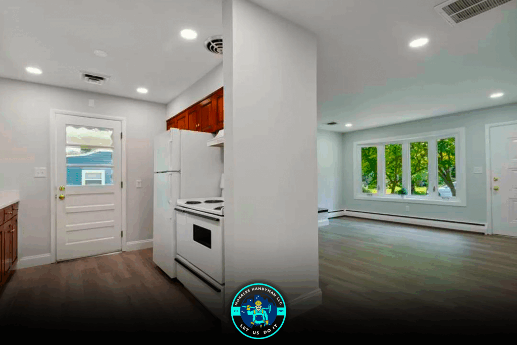 Interior view of a kitchen and living area, featuring appliances, windows, and wood-look flooring.