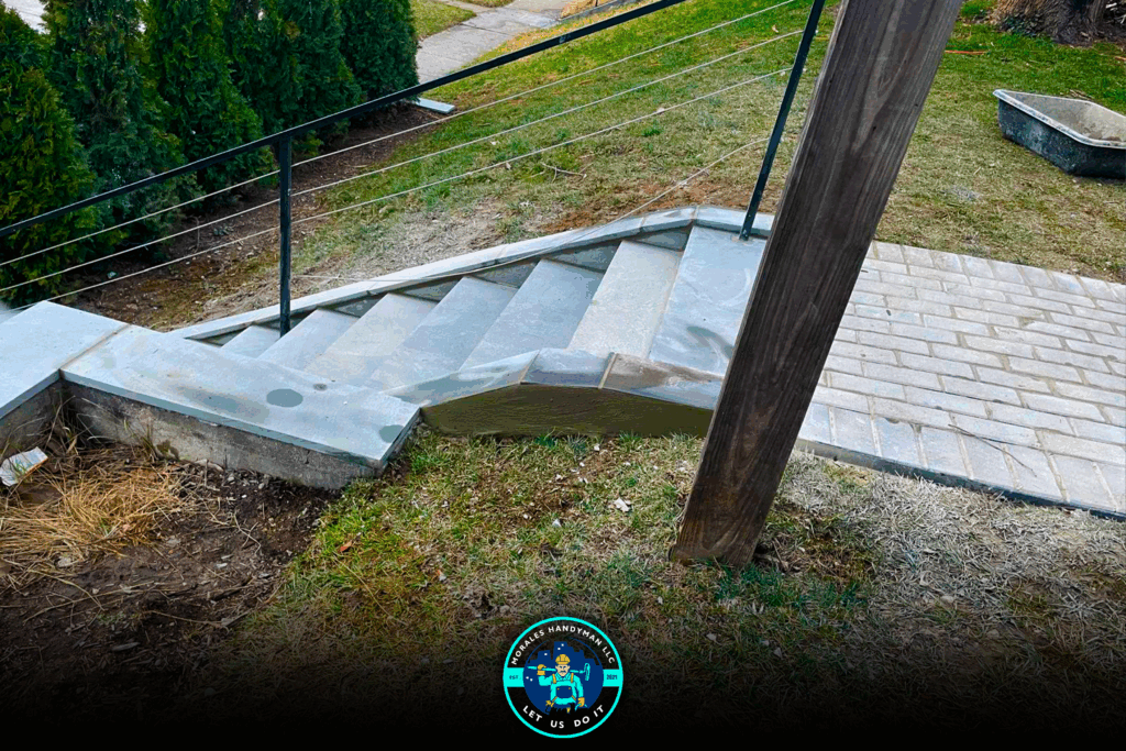Stone steps leading down from a grass lawn with a metal railing. A wooden post is in the foreground.