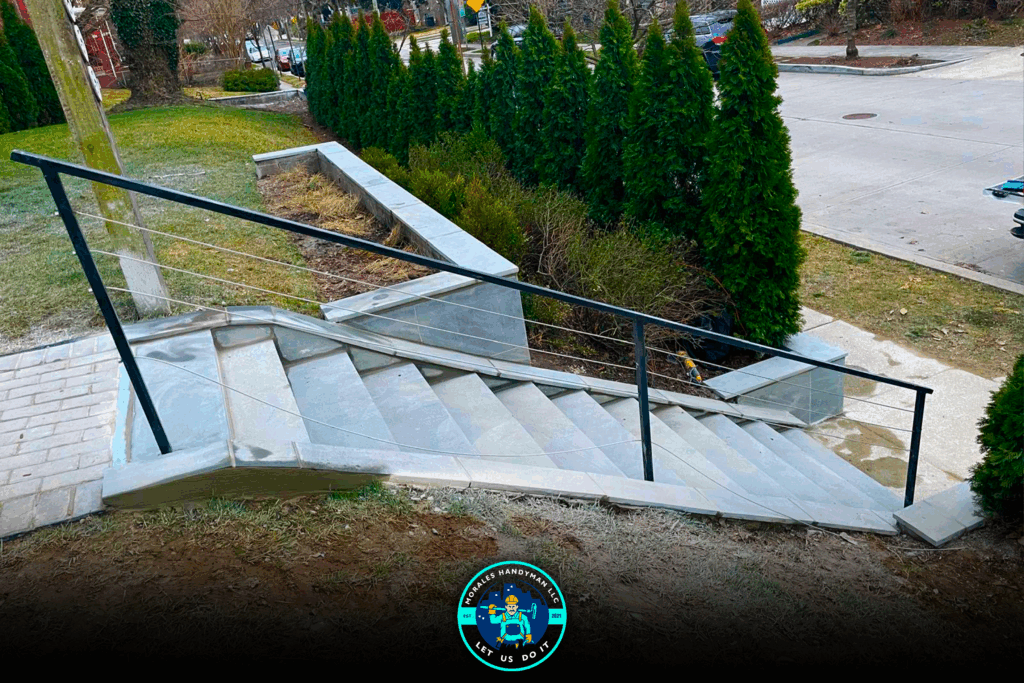 Concrete steps with a black handrail descending to a flat paved area with greenery and trees.