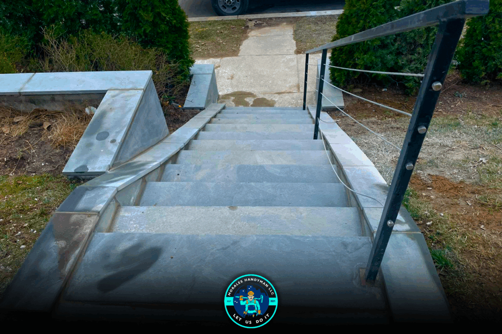 Concrete stairs leading down to a sidewalk, with a black metal railing and greenery on either side.